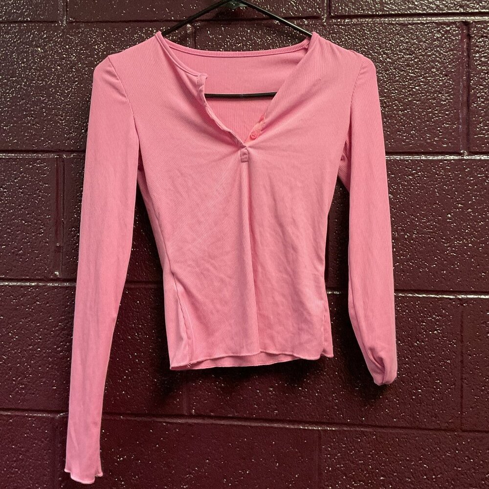 Pink Ribbed Button-Front Long Sleeve Top – Size Small